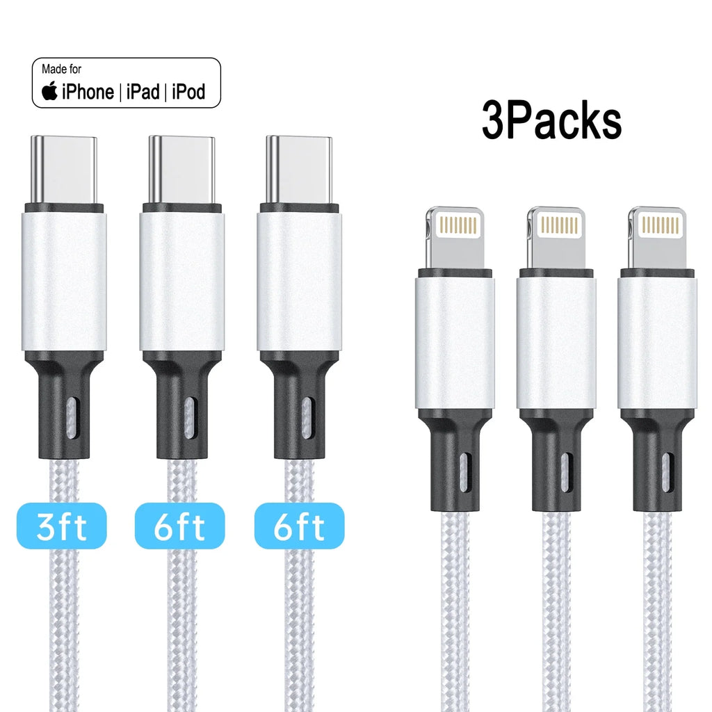 3 Pack [ Apple Mfi Certified] 3/6/6 FT USB C to Lightning Cable Nylon Braided Fast Charging Cord, Compatible with Iphone 14/13/12 Pro/Max/11/X/Xs/Xr, Airpods Pro,Silver