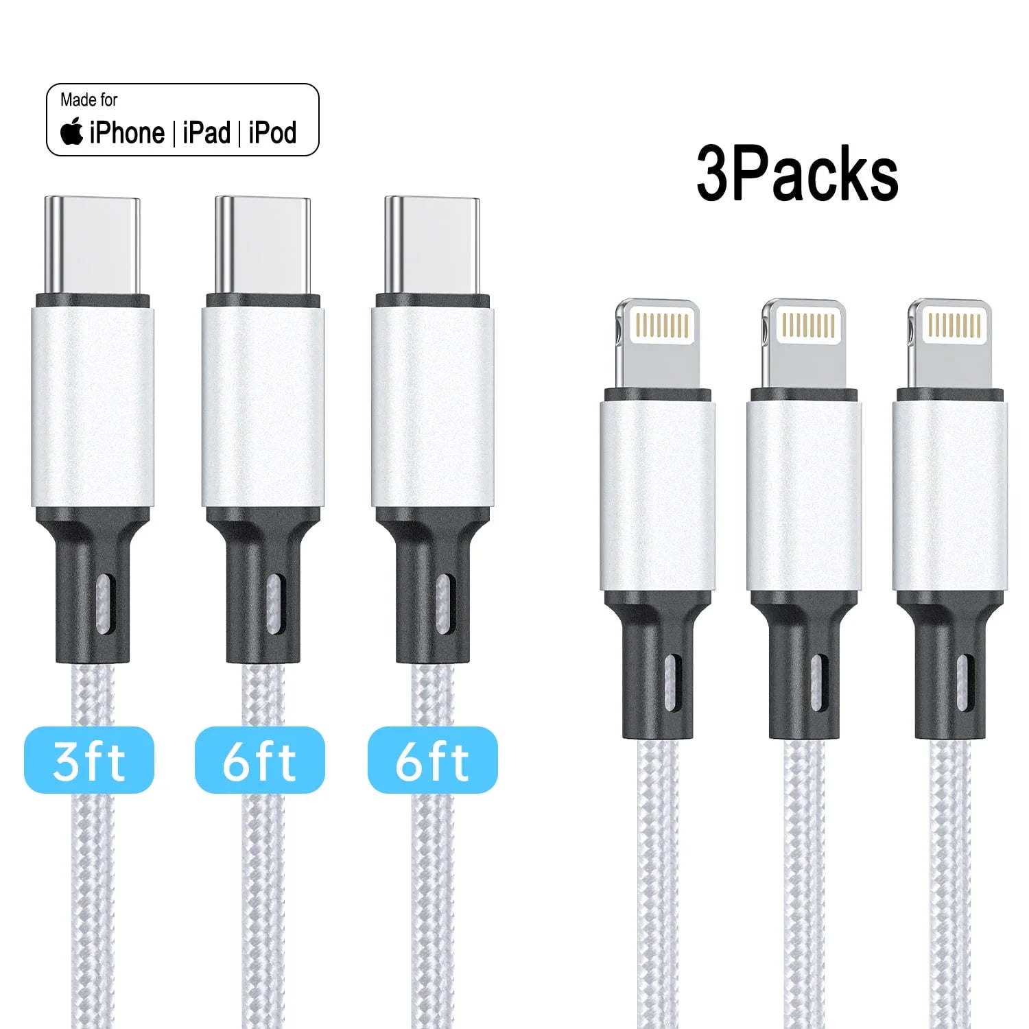 3 Pack [ Apple Mfi Certified] 3/6/6 FT USB C to Lightning Cable Nylon Braided Fast Charging Cord, Compatible with Iphone 14/13/12 Pro/Max/11/X/Xs/Xr, Airpods Pro,Silver