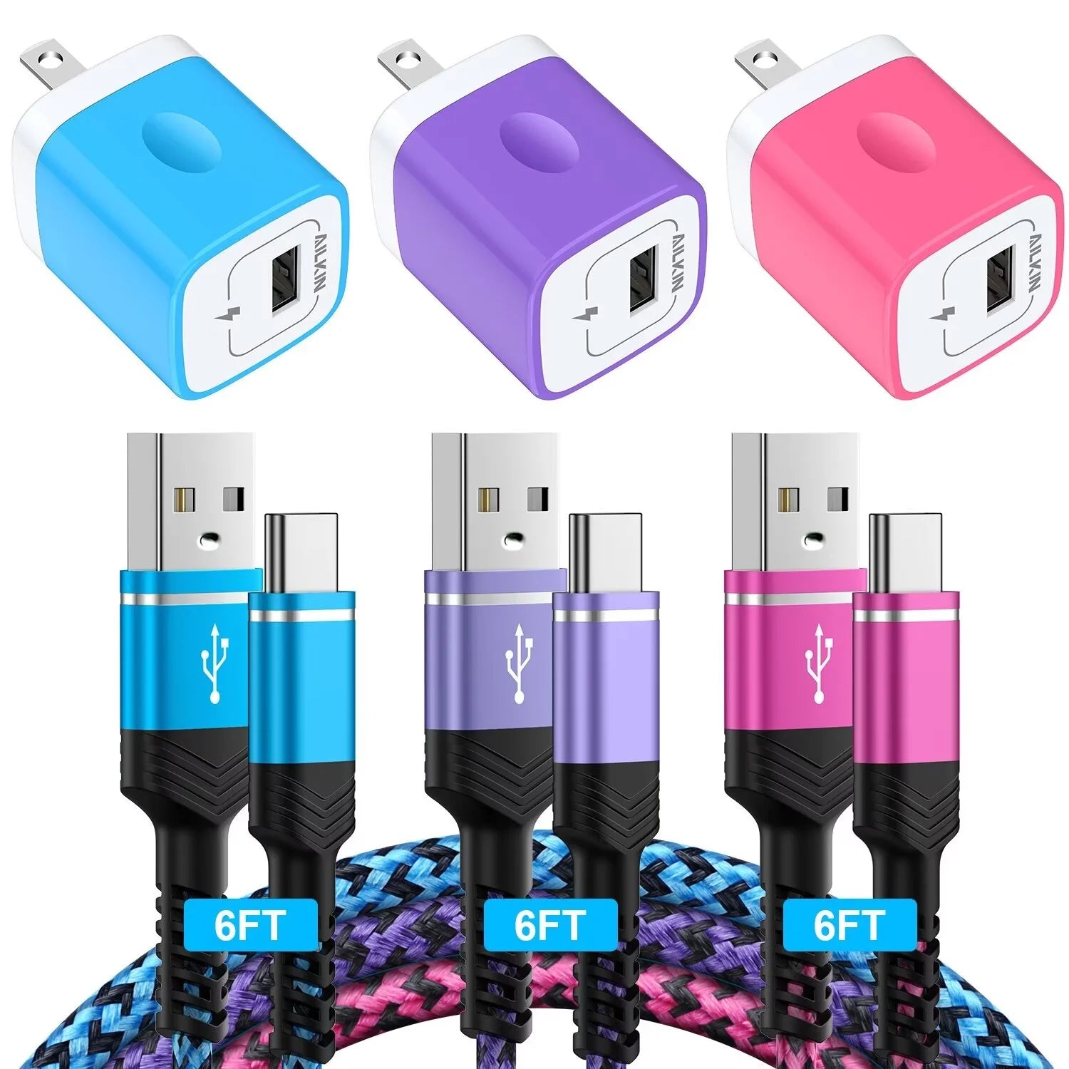 Type C Charger Fast Charging  Wall Charger Adapter Plug 3PACK Android Charger Block Cord with 3PACK Usb a to Usb C Cable 6Ft High Speed Phone Charger for Android Type C