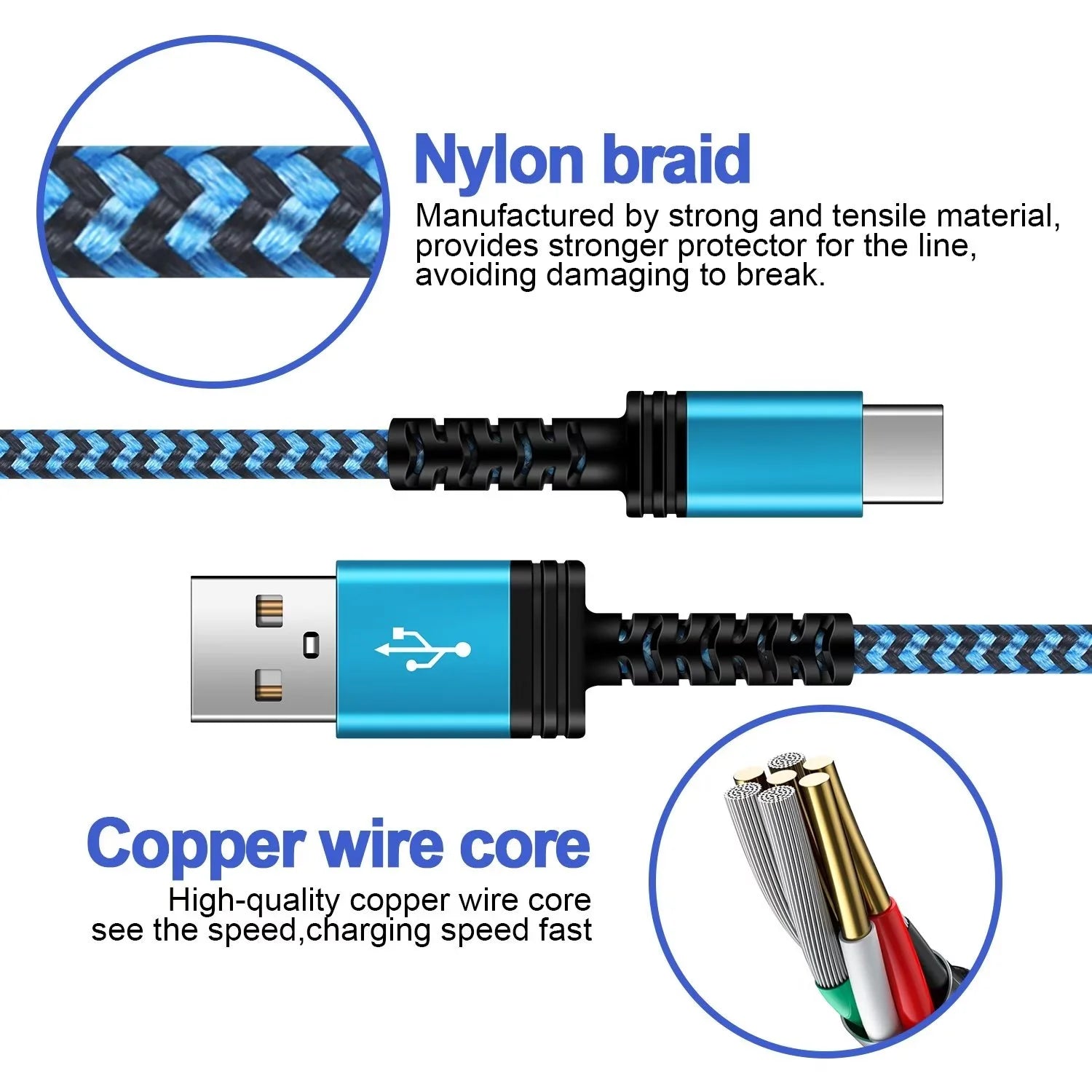 Type C Charger Block,With 3A Android Charger Fast Charging Cable 6FT 5V/1A Usb Charger Block Wall Adapter Plug Brick Phone Chargers for Android Phone Charger Block Type C,Blue