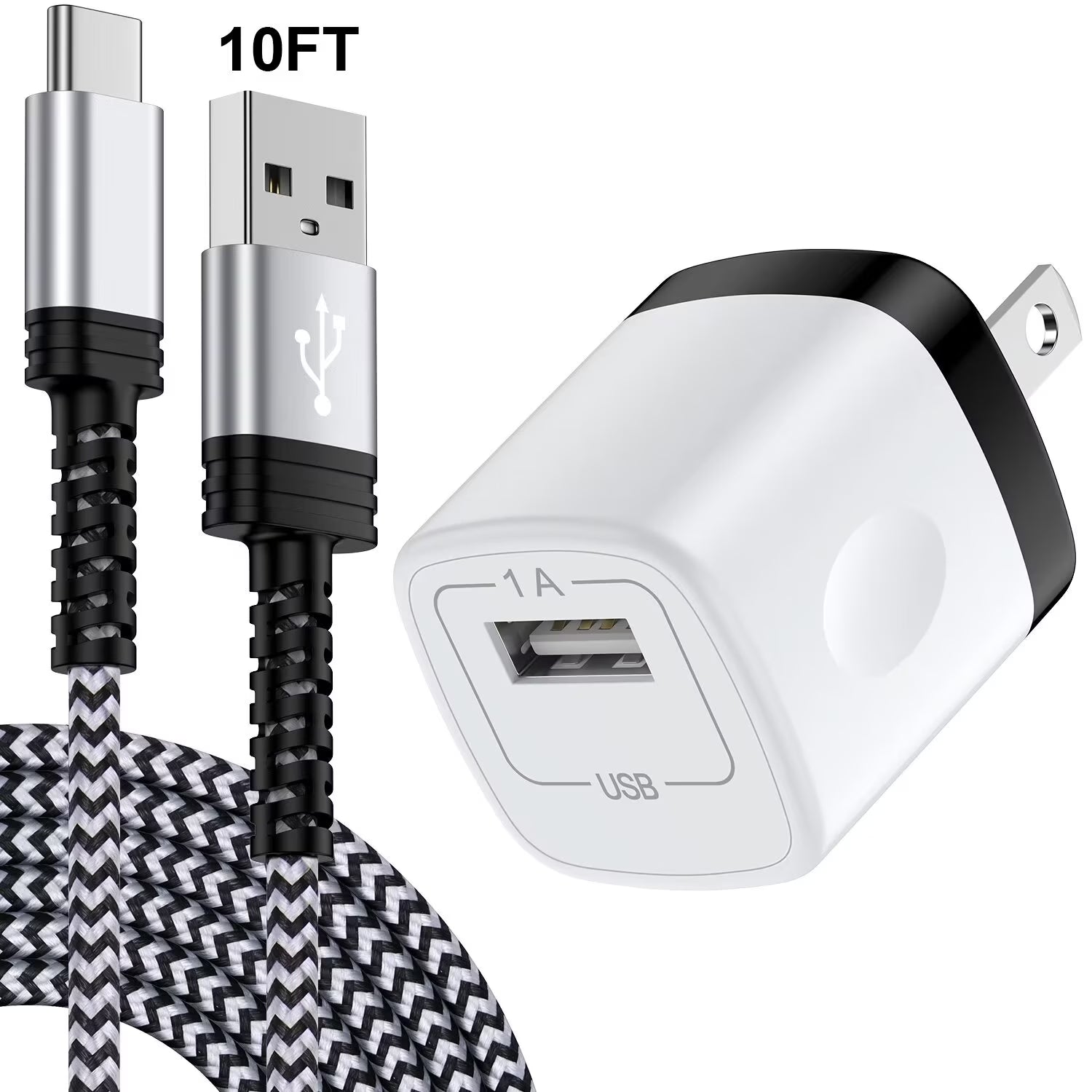 Type C Charger Block,With 3A Android Charger Fast Charging Cable 10Ft 5V/1A Usb Charger Block Wall Adapter Plug Brick Phone Chargers for Android Phone Charger Block Type C