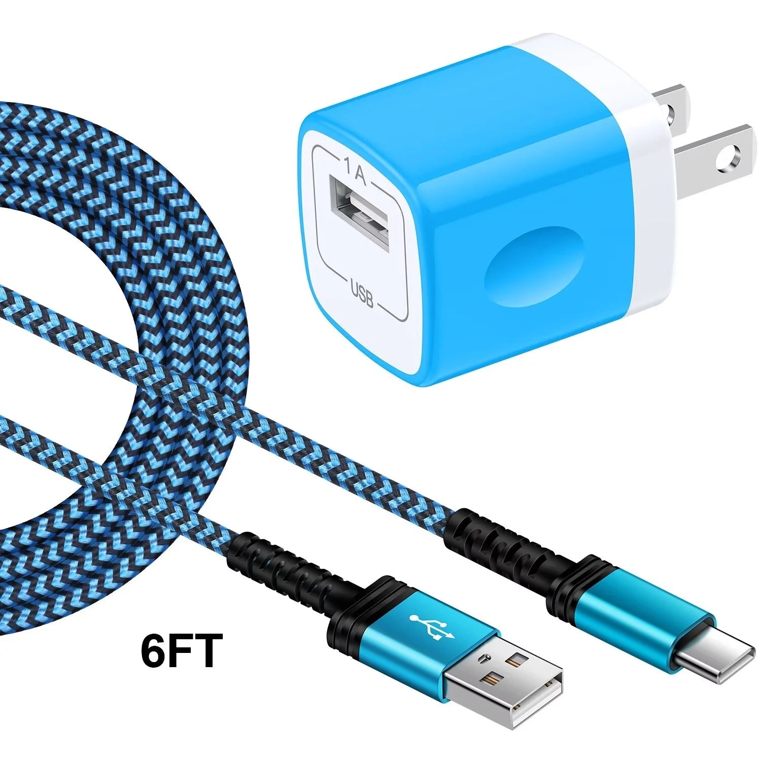 Type C Charger Block,With 3A Android Charger Fast Charging Cable 6FT 5V/1A Usb Charger Block Wall Adapter Plug Brick Phone Chargers for Android Phone Charger Block Type C,Blue